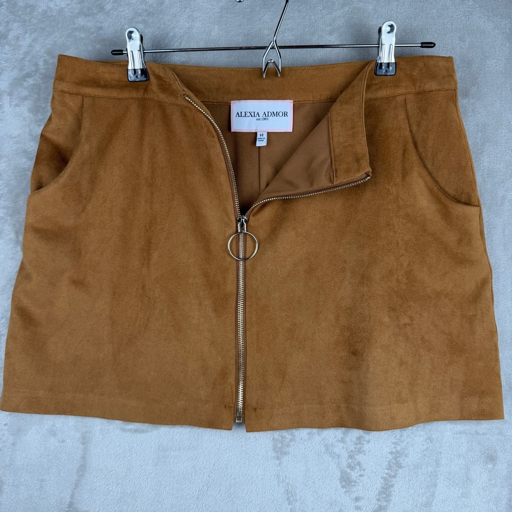 Alexia Admor Womens Cognac Brown Faux Suede O-Ring‎ Zip Front Mini Skirt Size 14